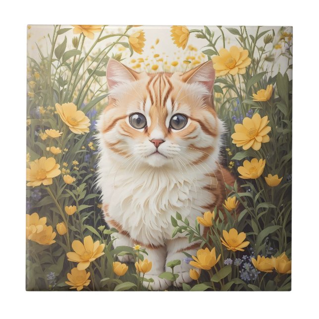 Cute Munchkin Cat And Buttercup Flowers Tile (Front)