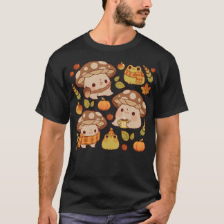 Cute Mushroom And Froggie Fall - Brown T-Shirt