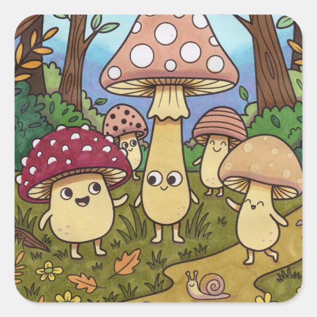 Cute Mushroom Forest Woodland Toadstool Whimsical  Square Sticker (Front)