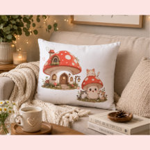 Cute Mushroom House Throw Pillow | Whimsical Cotta