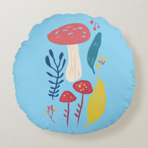 Cute mushroom illustration (BLUE BKGRD) Round Cushion