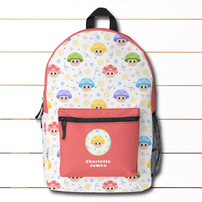 Cute Mushroom Kids Cartoon Personalised Name Printed Backpack (Creator Uploaded)