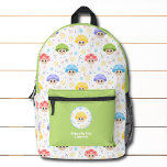 Cute Mushroom Kids Cartoon Personalised Name Printed Backpack<br><div class="desc">Cute Mushroom Kids Cartoon Personalised Name Backpacks features your personalised name, monogram or initals in a simple script typography on a cute, fun and colourful mushroom cartoon pattern in purple, red, green, yellow and blue. Perfect for kids for back to school, birthday, Christmas and holidays. Designed by ©Evco Studio www.zazzle.com/store/evcostudio...</div>