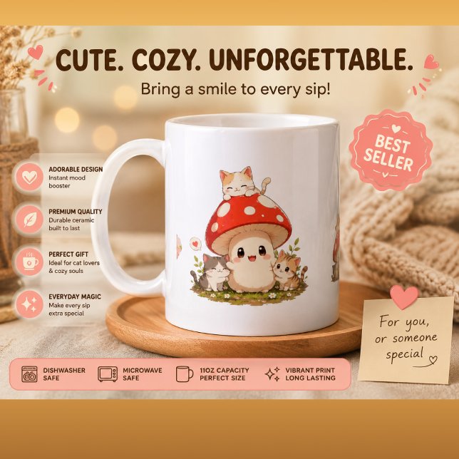 Cute Mushroom & Kittens Coffee Mug – Whimsical Cot (Creator Uploaded)