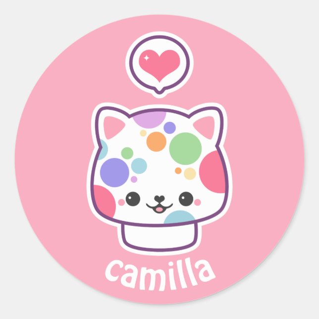 Cute Mushroom Kitty Classic Round Sticker (Front)