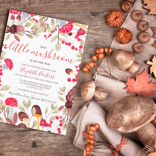 Cute mushroom watercolor rustic forest baby shower invitation (Creator Uploaded)