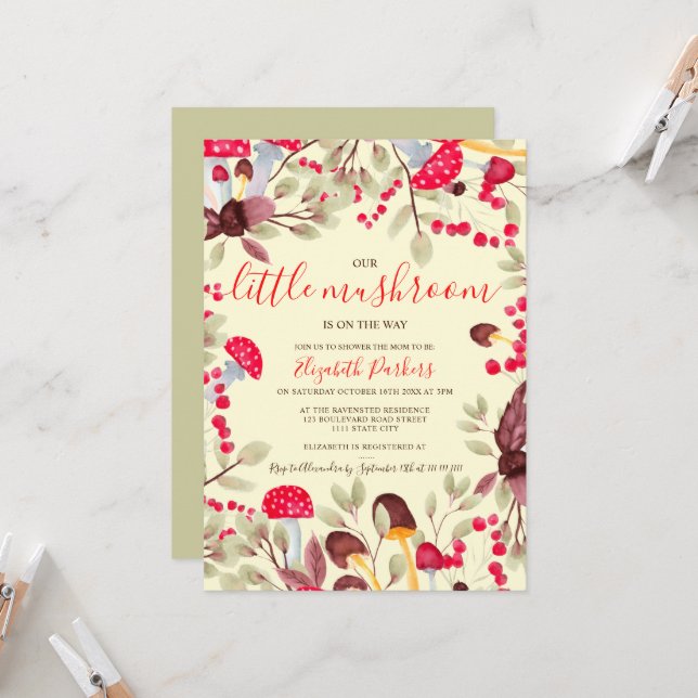 Cute mushroom watercolor rustic forest baby shower invitation (Front/Back In Situ)
