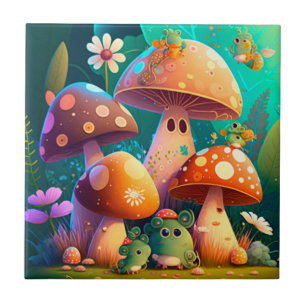 Cute mushrooms and flowers bugs green      tile