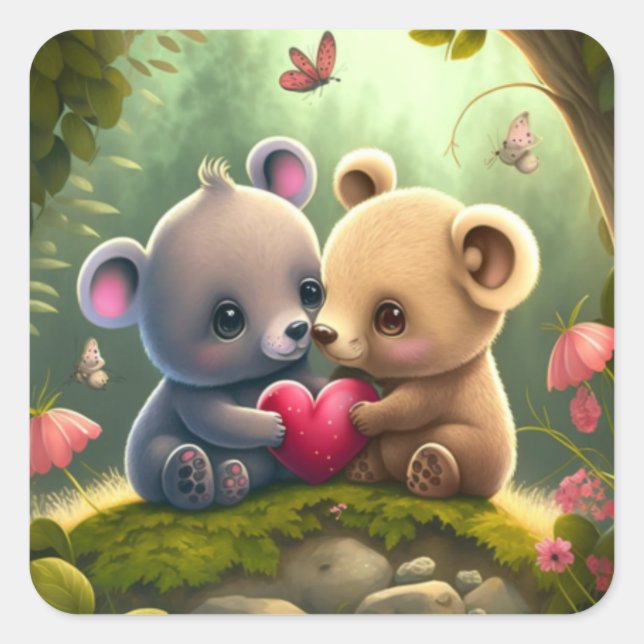 Cute mushrooms in the forest              square sticker (Front)