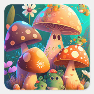 Cute mushrooms in the forest  square sticker