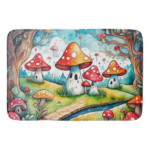 Cute mushrooms leaves cottage core design    bath mat