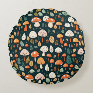 Cute mushrooms leaves cottage core design round cushion