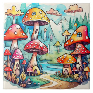Cute mushrooms leaves cottage core design    tile