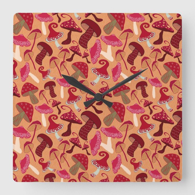 Cute Mushrooms Square Wall Clock (Front)