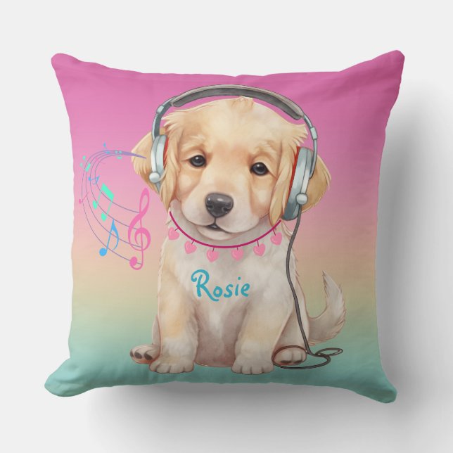 Cute Music Loving Golden Retriever Personalised Cushion (Front)