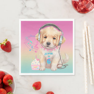 Cute Music Loving Golden Retriever Personalised Napkin
