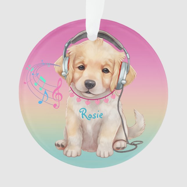 Cute Music Loving Golden Retriever Personalised Ornament (Front)