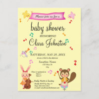 Cute Musical Animals Pink Baby Shower Invitation  