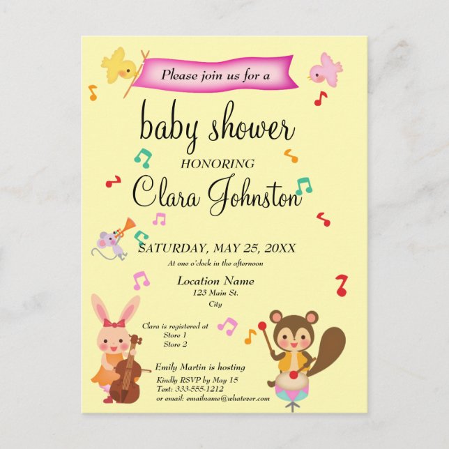 Cute Musical Animals Pink Baby Shower Invitation   (Front)
