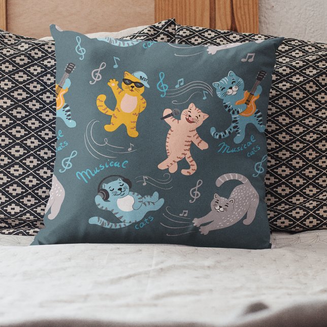 Cute Musical Cats Pattern Kids Bedroom Cushion (Creator Uploaded)