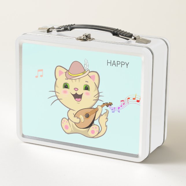 Cute Musical Ginger Caramel Tabby Cat Metal Lunch Box (Front)