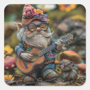 Cute musical gnome playing a guitar square sticker
