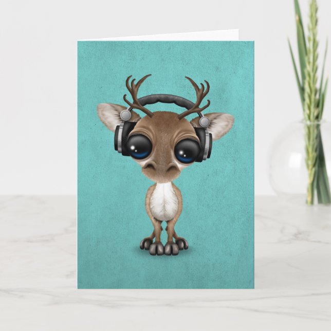 Cute Musical Reindeer Dj Wearing Headphones Blue Holiday Card (Front)