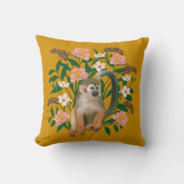 Cute Mustard Botanical Floral Squirrel Monkey Cushion (Front)
