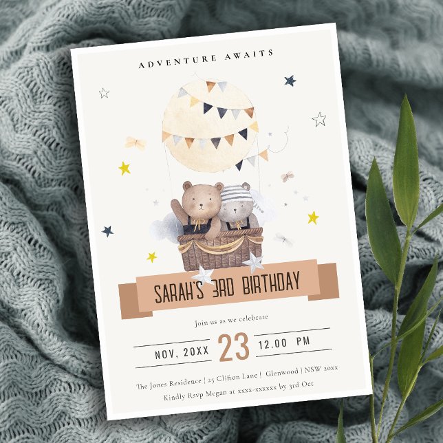 Cute Muted Teddy Hot Air Balloon Kids Birthday Invitation (Creator Uploaded)