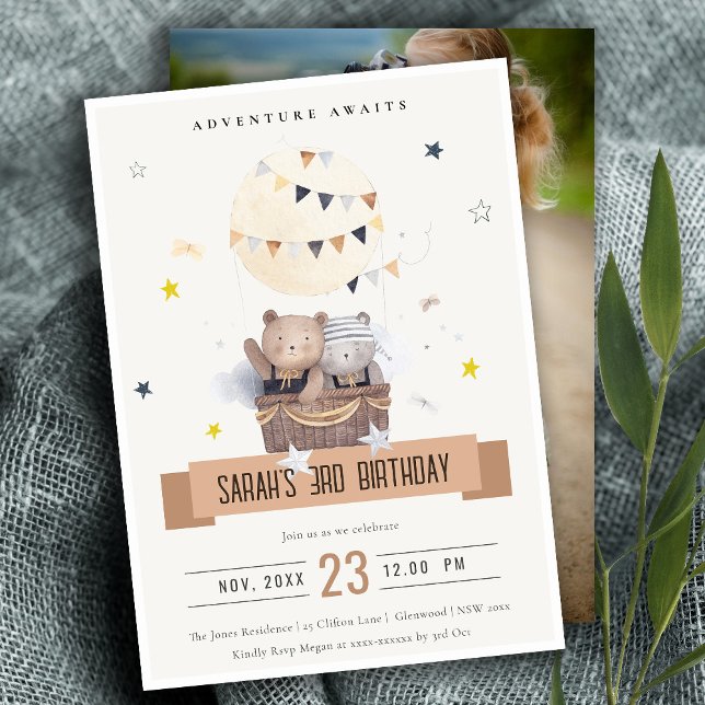 Cute Muted Teddy Hot Air Balloon Photo Birthday Invitation (Creator Uploaded)