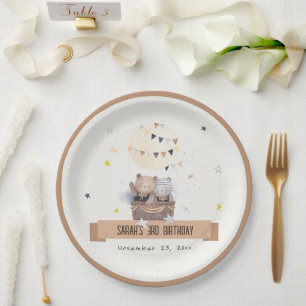 Cute Muted Teddy Hot Ait Balloon Kids Birthday Paper Plate
