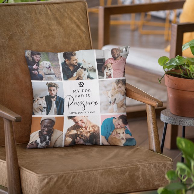 Cute "My Dog Dad is Pawsome' Photo Collage Cushion (Creator Uploaded)