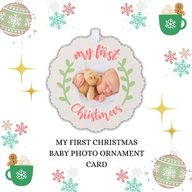 Cute My First Christmas Baby Photo Tree Decoration Card (Baby's 1st Christmas Photo Paper Ornament Announcement Cards)