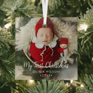 Cute My First Christmas Newborn Baby Photo Glass Tree Decoration