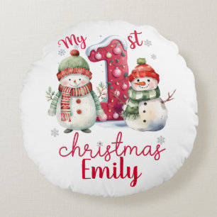 Cute My First Christmas Snowmen Personalise Baby  Round Cushion