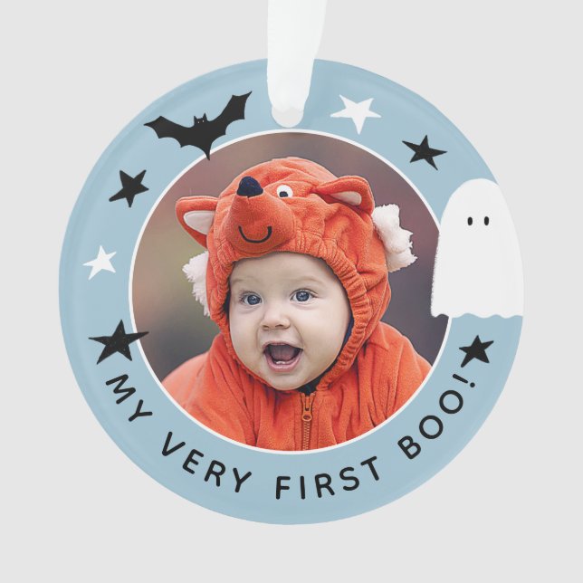 Cute My Very First Boo Photo Halloween Blue Ornament (Front)