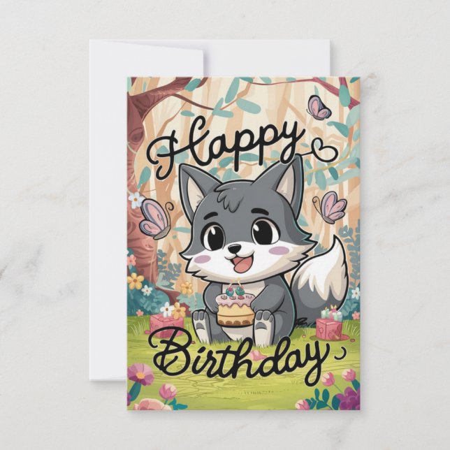 Cute Mystical Wolf Digital Birthday Card (Front)