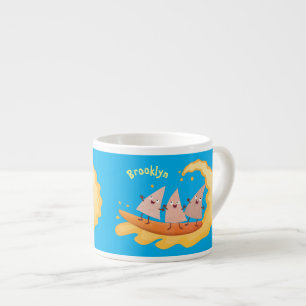 Cute nachos corn chips surfing cartoon  espresso cup