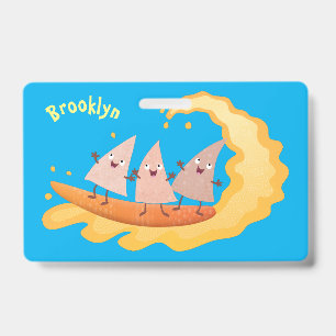Cute nachos corn chips surfing cartoon ID badge