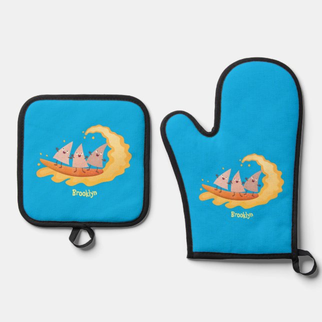 Cute nachos corn chips surfing cartoon  oven mitt & pot holder set (Front)