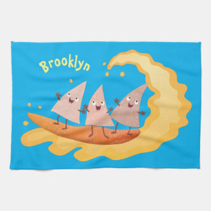 Cute nachos corn chips surfing cartoon tea towel