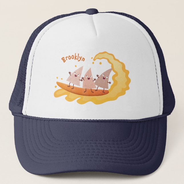 Cute nachos corn chips surfing cartoon  trucker hat (Front)