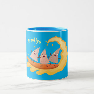 Cute nachos corn chips surfing cartoon Two-Tone coffee mug