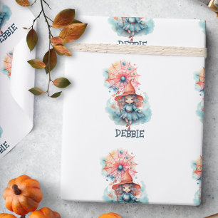 Cute Name Girly Pink Witch Watercolor Halloween  Wrapping Paper