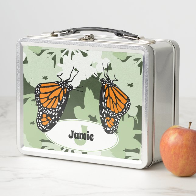 Cute Name Initial Monarch Butterfly Green Metal Lunch Box (In Situ)