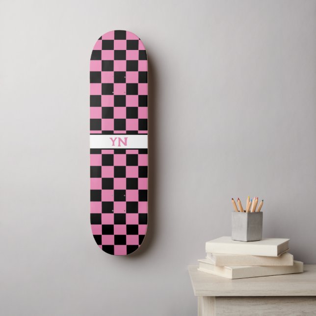 Cute Name Initials Chequered Black and Pink Skateboard (Wall Art)