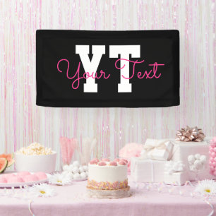 Cute Name & Monogram Black White & Pink Banner