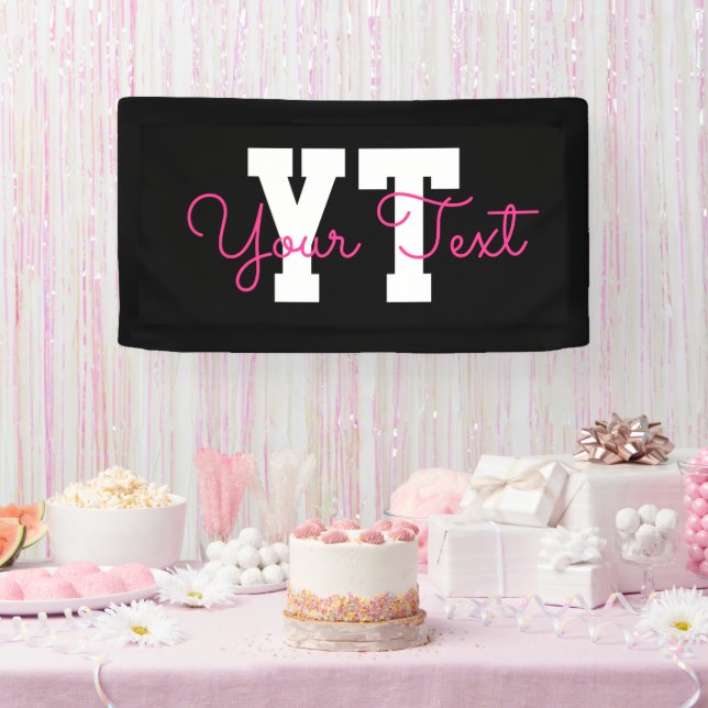 Cute Name & Monogram | Black White & Pink Banner (Party)