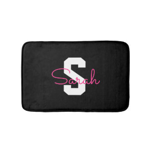 Cute Name & Monogram   Black White & Pink Bath Mat