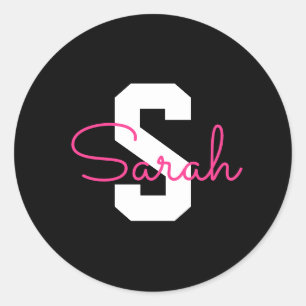 Cute Name & Monogram   Black White & Pink Classic Round Sticker